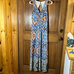 Anthropologie Maeve Maxi Dress Blue Coral Sleeveless V Nick Silk Lined Size 2P